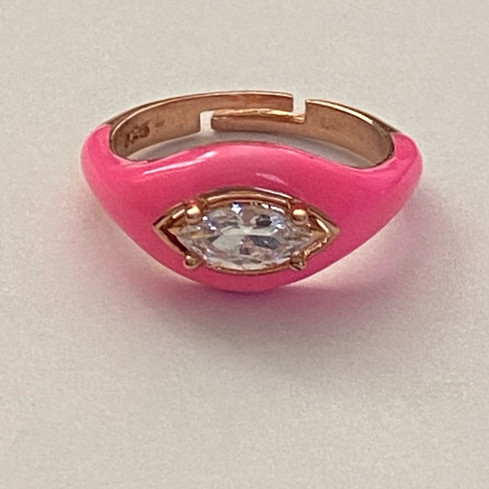 925 Silver ring pink enamel oval cz eye